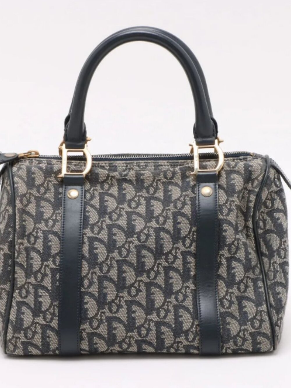 Christian Dior Trotter Canvas Leather Handbag Gray x Navy